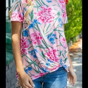 Coral Floral Print Front Knot Top
